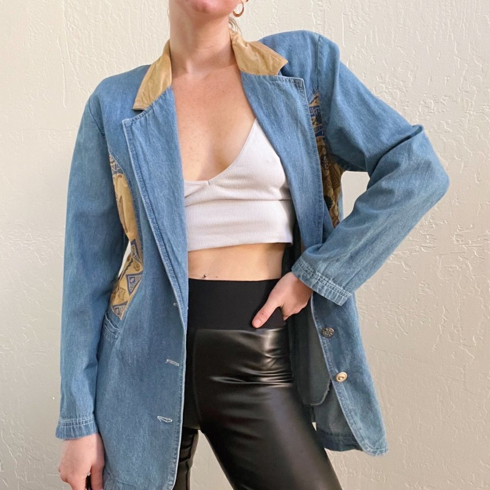 Vintage 1980's Denim Faux Suede Embroidered Western Blazer Jacket - Picture 2 of 7